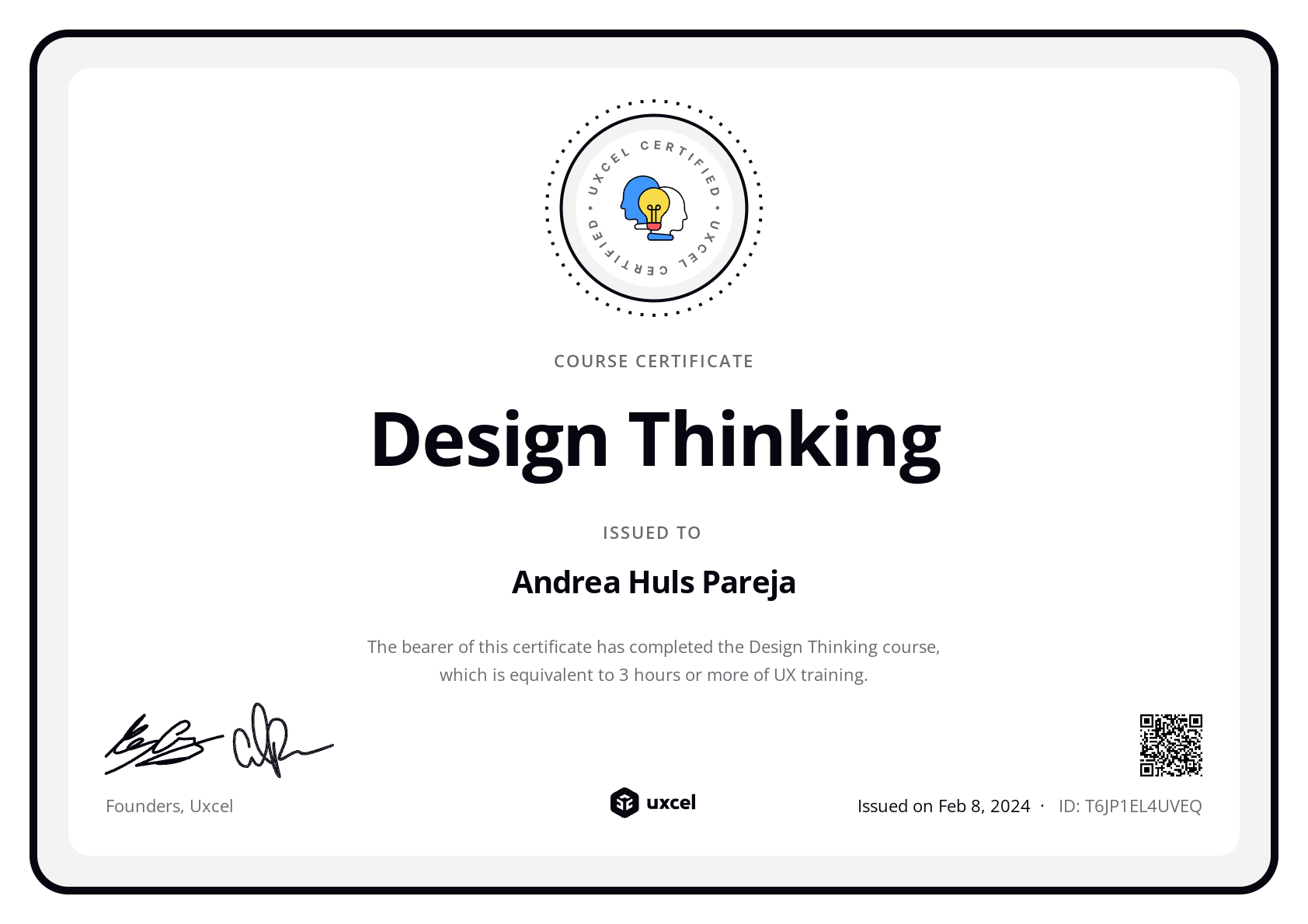 Andrea Huls Pareja's certificate